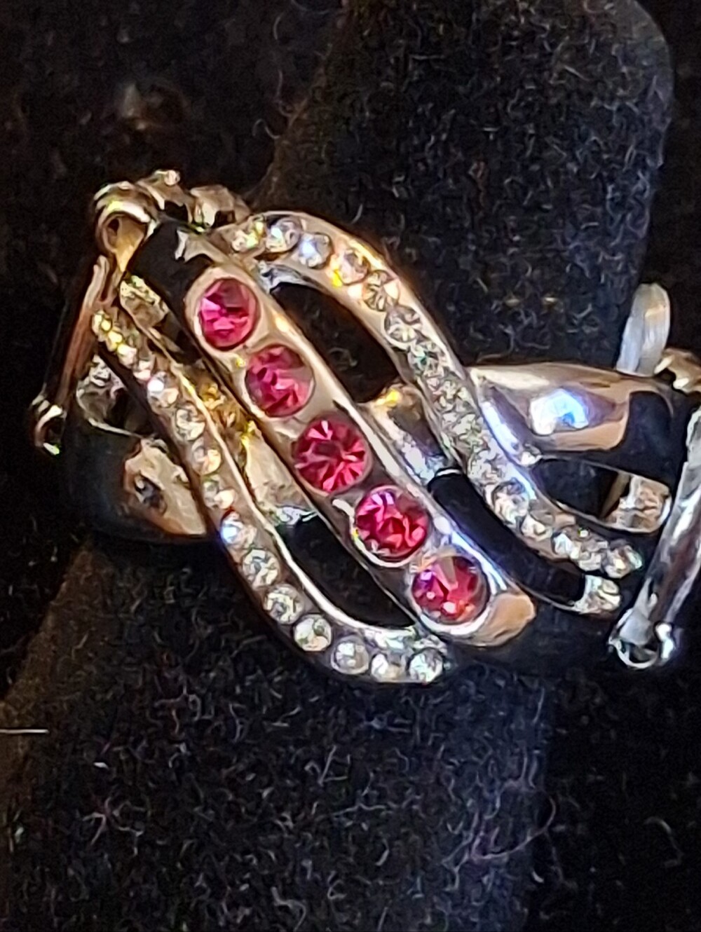 Paparazzi Silver Tone Pink Crystal Swirl Stretch Ring - Women Jewelry